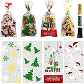 LOKIPA 200 Pcs Christmas Cellophane Treat Bags, Xmas Clear Cello Gift Bags Candy Goodies Bags with Twist Ties for Christmas Party Supplies