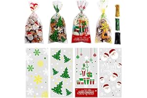 LOKIPA 200 Pcs Christmas Cellophane Treat Bags, Xmas Clear Cello Gift Bags Candy Goodies Bags with Twist Ties for Christmas Party Supplies