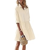 chouyatou Women's Striped Button Down Shirt Dress Loose Casual Cuffed Sleeve Tiered Mini Tunic Dress