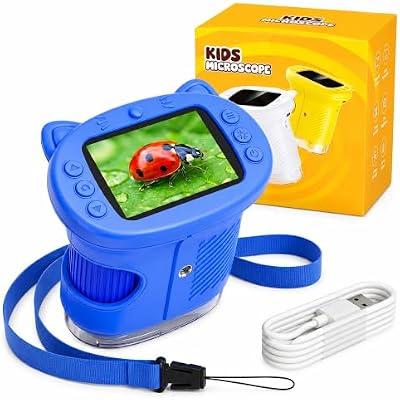 Microscope Enfant, Microscope Numérique Portable 1000X 4K avec Écran IPS 2,4", 8 LED, USB Rechargeable, Jouet Éducatif Scientifique STEM, Cadeau Anniversaire Fille Garçon 3-12 Ans, Bleu
