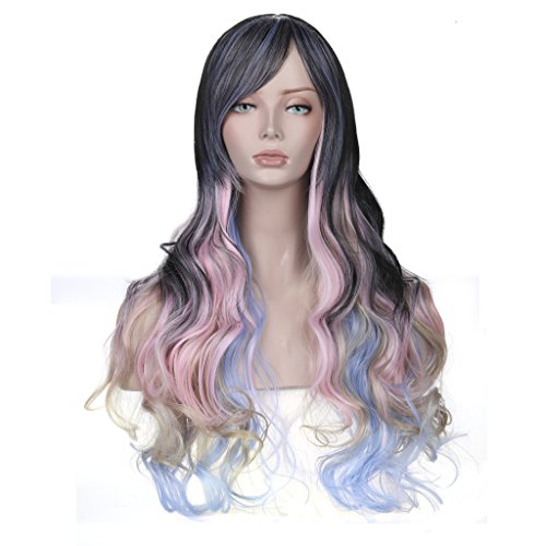YOPO 28″ Wavy Multi-Color Lolita Wig with Bangs Long Anime Harajuku Wig Full Cosplay Party Hair Wigs for Women with Free Wig Cap & Bobby Pins (Multi-color with side bangs)