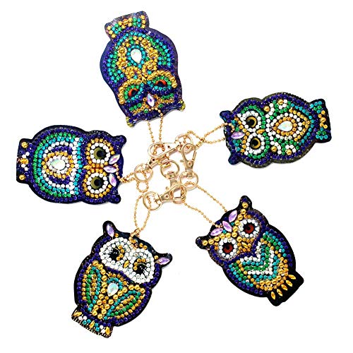 5D DIY Diamond Painting Keychain, 5 pcs Owl Shape, Mosaic Making Full Drill Special Shape Diamond Painting Kit for Bags, Smartphone Straps, 5 Pack - Thumbnail 2