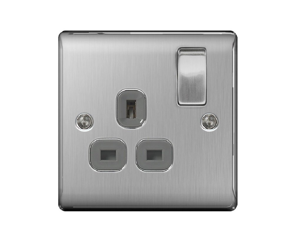 Pck of 5 x BG-Nexus-Metal Single 13A Plug Socket,Brushed Steel Finish,Grey Inserts