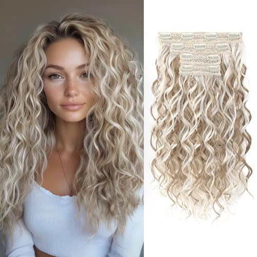 Photo 1 of REECHO Curly Hair Extensions, 4PCS 16 inch Clip in Hair Extensions Lace Weft Short Curly Hair Extensions Clip Ins Invisible Natural Hairpieces for Women, Ash Blonde with Highlights