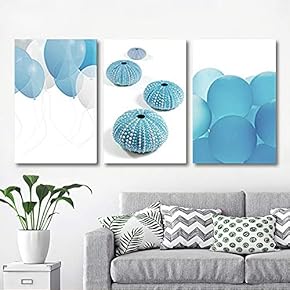 3 Panel Canvas Wall Art - Blue Balloons and Sea Urchins - Giclee Print Gallery Wrap Modern Home Art Ready to Hang - 16"x24" x 3 Panels