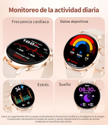 Reloj Inteligente Mujer, 1.32" AMOLED Smart Watch con Llamadas Bluetooth, 120+ Deportes Smartwatch Mujer con 2 Correas, IP68 Waterproof, Sueño, Actividad Calorías Podómetro Android iOS (Oro rosa)