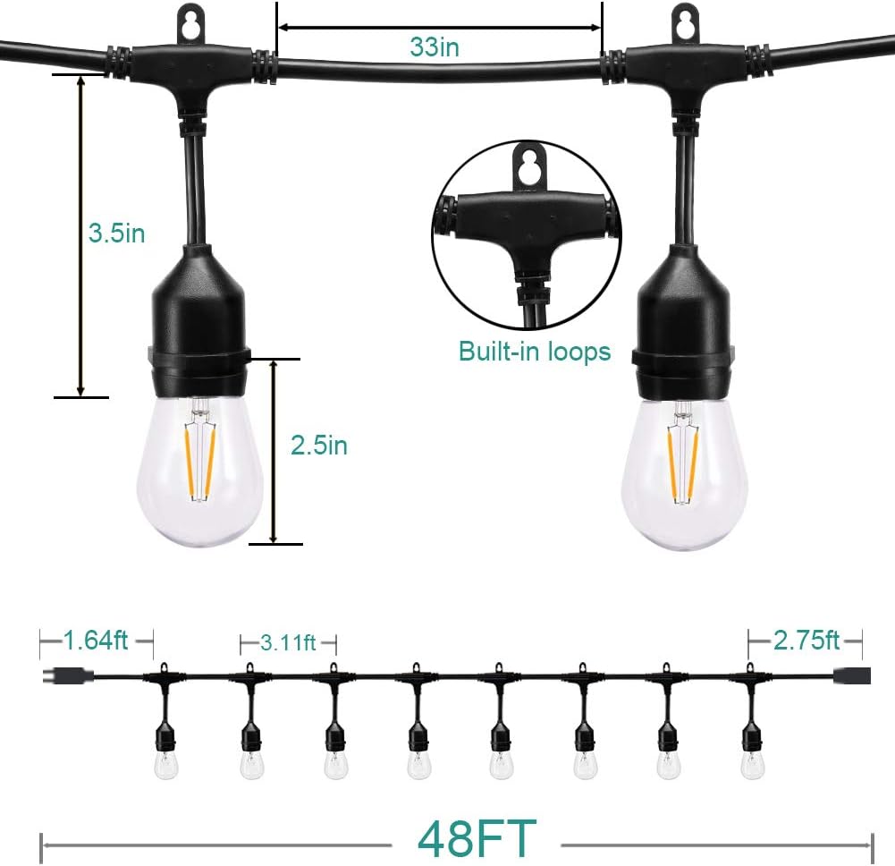 addlon LED Outdoor String Lights 48FT with 2W Dimmable Edison Vintage Plastic Bulbs and Commercial Grade Weatherproof Strand - UL Listed Heavy-Duty Decorative LED Café Patio Light , Porch Market Light: Home Improvement
