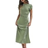 Gmeitoey 2025 Satin Cap Sleeve Cowl Back Summer Dresses for Women Elegant Ruched Waist Wedding Guest Midi Dress Sage