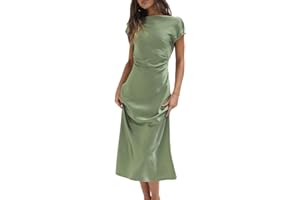 GMEITOEY 2025 Satin Cap Sleeve Cowl Back Summer Dresses for Women Elegant Ruched Waist Wedding Guest Midi Dress