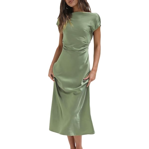 Herfst Satijn Mock Neck Jurk Elegante Lange Mouw Bruiloft Gast Cocktail Midi Elastische Hoge Taille Formele Jurken (Pink L