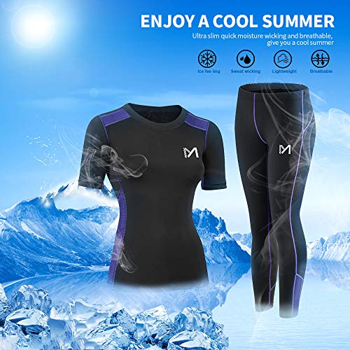 MEETYOO Women's Compression Base Layer, Cool Dry Workout Gym Activewear Short Sleeve T-Shirt and Long Leggings for Fitness Yoga Running Purple