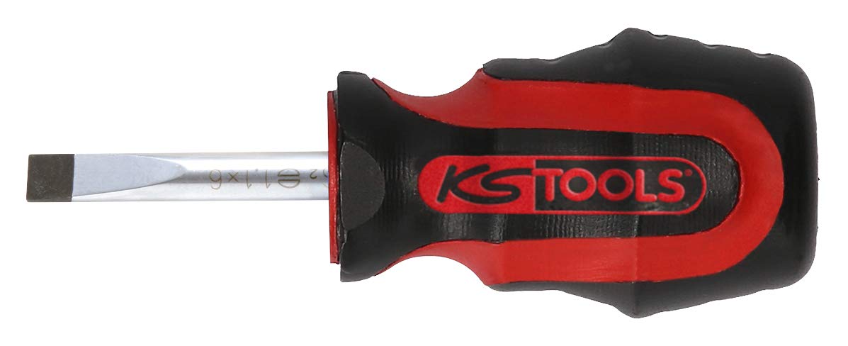 KS TOOLS Screwdriver for Slotted Screws, ERGOTORQUEplus, 4mm, Stubby, DIN 5265, Extra short blade, Hardened chrome-plated blade, Soft Grip