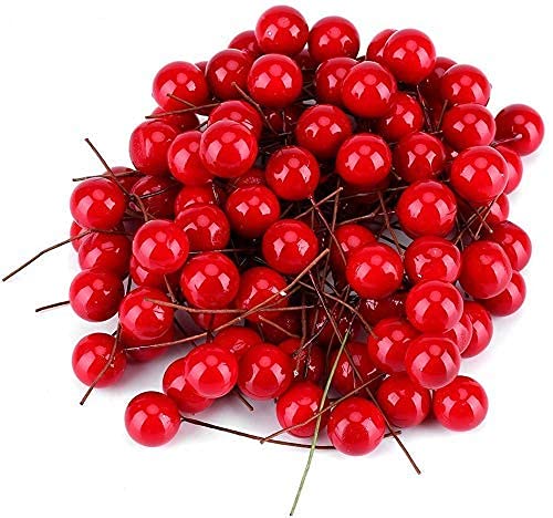 100pcs Artificial Red Cherry Christmas Berry Decorations Holly Berry Hanging Ornaments Holiday Festival Artificial Fruits Decor DIY
