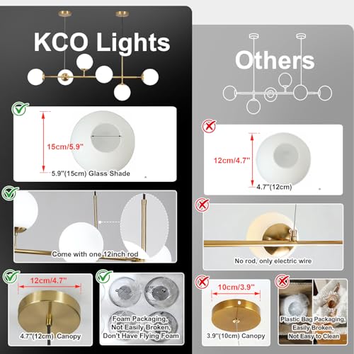 KCO Lighting 6 Light Milky Glass Chandelier, Modern Linear Globe Chandelier, White and Gold Pendant Lamp Mid-Century Rectangular Chandelier for Kitchen Island