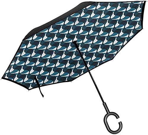 Amazon 青い色調の抽象的な屋外傘ストライプイラスト幾何学的要素の構成c字型ハンドル付き屋外車の雨のための傘 折りたたみ傘 通販