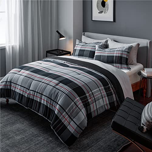 Bedsure Plaid Queen Comforter Set Grid Black and Grey Comforter