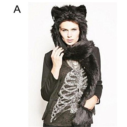 Manka Vesa Faux Animal Fur Simplicity 3-in-1 Multi-functional Animal Hat,Scarf & Mitten Combo Black