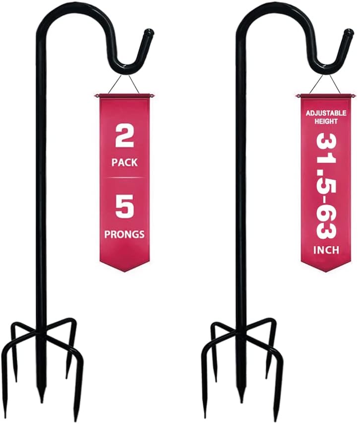 Outdoor Shepherd's Hooks - GBVUGY Shepherds Hook for Outdoor, Heavy Duty Bird Feeder Pole with 5 Base Prongs,Adjustable Garden Hanging Stake for Solar Light Plant Hanger Wedding Decor, Matte Black (63INCH, Single-Head)