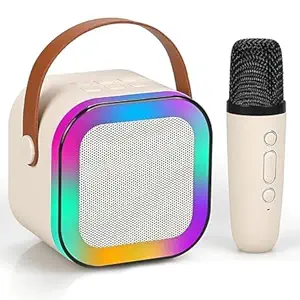 Mini Karaoke Machine for Kids. Portable Bluetooth Speaker with Wireless Mic for Music. RGB Colourful Lights with Changing Modes. 5 Voice Change Effects. Gifts. Home & Outdoor. Carrying Handle. (Peach)