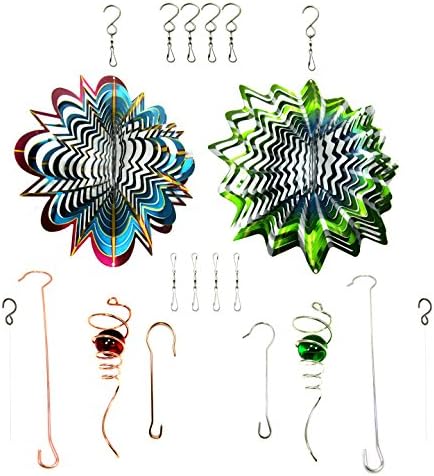WorldaWhirl Whirligig 3D Wind Spinner Hand Painted Stainless Steel Twister Star (2 - 12" 3D, Spiral Tails, Swivels and Hooks, Multi Color Combo Set)