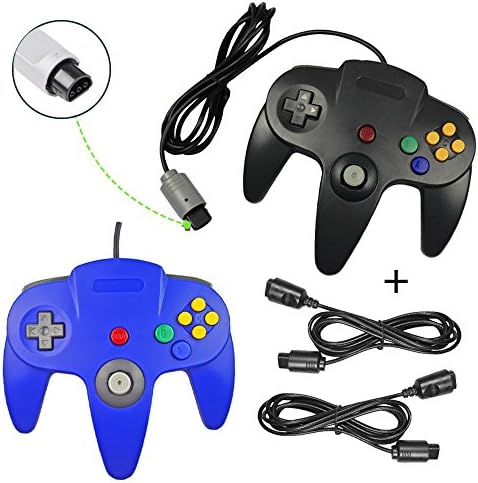 Koalud 2 Packs Classic Retro Wired Gamepad Controllers with 2 x 6ft Extension Cables For Nintendo 64 Nintendo64 N64 console(Black and Blue)