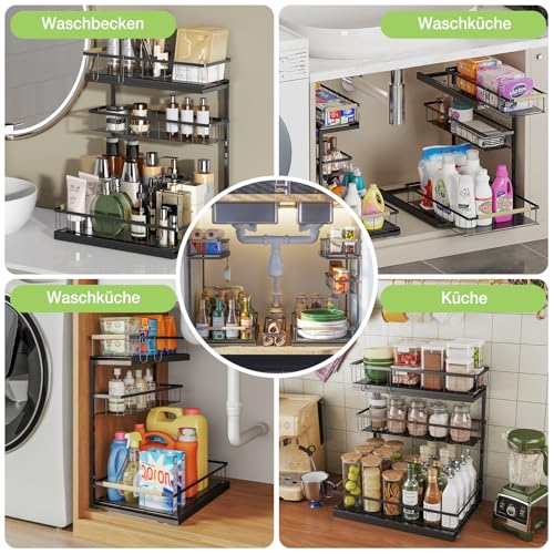 Fantasnight Kitchen Under Sink Storage Organiser - 1 Pack Metal Undersink Organisation for Cupboard - 3 Tier Pull Out Cabinet Drawers Black - Sliding Cleaning Shelf Organizer Solutions for Bathroom