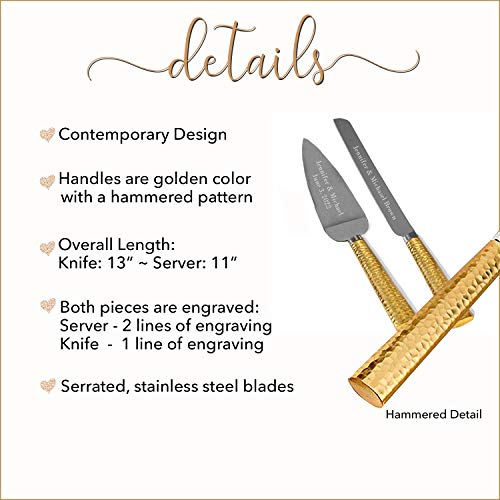 Personalized Engraved Customized Wedding Cake and Knife Server Set, Hammered Metal Cake Cutter with Knife, Gold