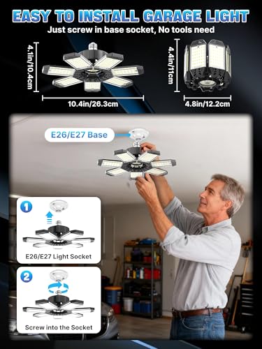 HAPYLUMI LED Ceiling Light for Garage 200W, 2 Pieces 20000LM Garage Lamp with 7+1 Adjustable Panels 6500K, E27/E26 Socket Industrial Workshop Lighting for Warehouse Basement