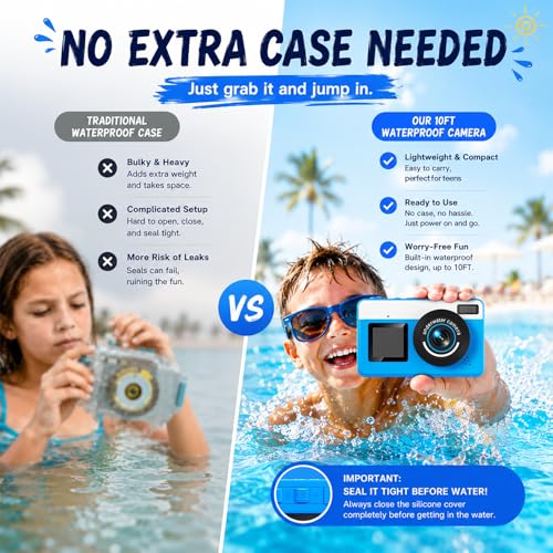 Maxmango D70 Waterproof Digital Camera 4K 48MP Underwater Camera 10FT for Swimming Pool Beach, Dual Screen 18X Autofocus Zoom, Floating Camera Gift for Teens and Beginners, 16GB, Blue