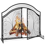 Best Choice Products 43x37in Single Panel Wrought Iron Mesh Fireplace Screen Spark Guard Protector w/Magnetic Doors