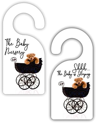 Max Wilder The Baby Nursery - Shhh The Baby is Sleeping - Teddy in a Pram - Unisex Bedroom - Room Door Sign Hanger - Double-Sided - Hard Plastic - Glossy Finish