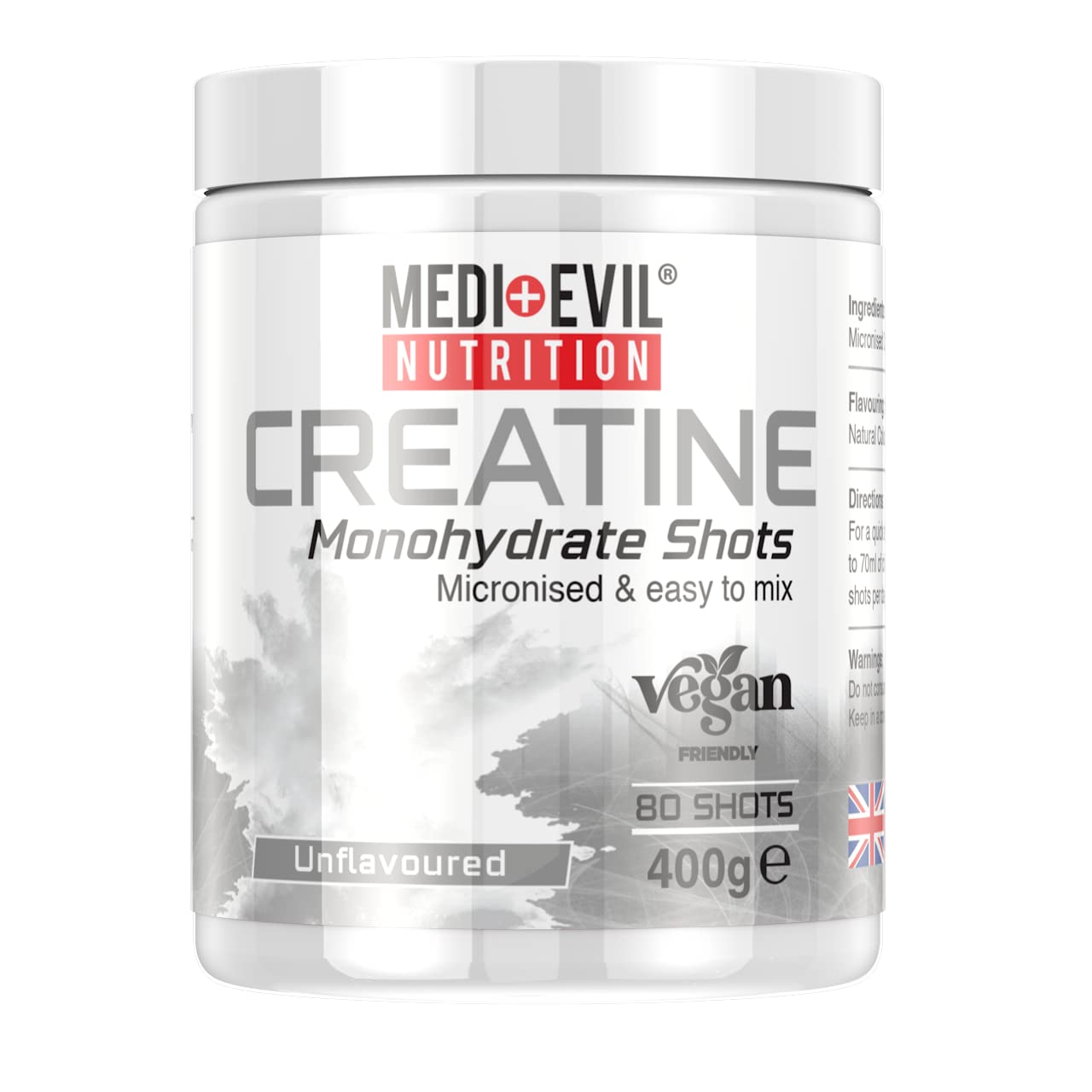 Medi-Evil Nutrition Creatine Monohydrate Shots Powder Vegan Friendly, Unflavoured, No Flavour, 400g, 80 Servings, Micronised for Easy Mixing (Pack of 1 Tub)