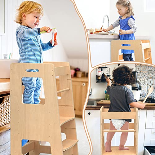 WOOD CITY Kitchen Step Stool for Kids and Toddlers with Safety Rail