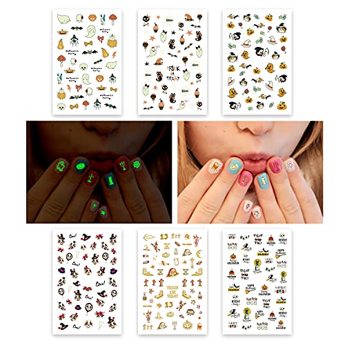 Partywind Glow Halloween Nail Stickers for Kids Girls, Glow Self-Adhesive Halloween Nail Decals for Nail Art Decorations, Halloween Nail Wrap Design with Pumpkin Skull Ghost (6 Sheets)