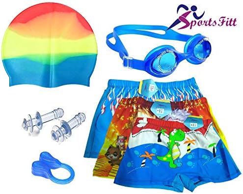 SportsFitt Kid's Swimming Combo Kit 1 Pc Swimming Short, 1 PcGoggles, 1 Pc Silicone Cap, 2Pc Ear Plugs, 1 Pc Nose Clip, Swimming Combo Suit