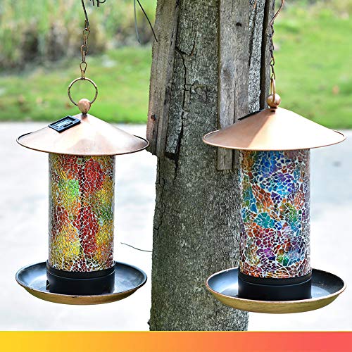 XDW-GIFTS Solar Bird Feeder for Outside Hanger - Solar Powered Garden Deck Patio Backyard Lights Lantern Bird House Wild Hanging Birdfeeder Waterproof Unique Mosaic Copper Bird Feeder for Outdoor - Thumbnail 5