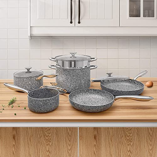 MICHELANGELO Gray Stone Cookware Set 10 Piece+Blue Stone Frying Pan Set 9.5" & 11", Ultra