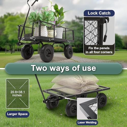 HEAHOLD Garden Wagon Cart Heavy Duty 880 LBS Steel Utility Cart with All-Terrains 3.50-4" Solid Wheels 10" Tires, 180° Rotating Handle, Removable Sides, Laser-Welded Frame & Multi-Surface