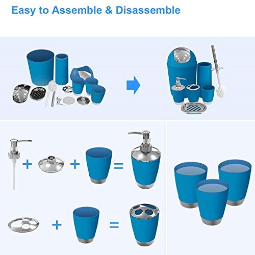 TEKITSFUN Blue Bathroom Accessories Set,6 Pcs Plastic Gift Bath Accessory Set Luxury Ensemble Includes Toothbrush Holder,Toothbrush Cup,Soap Dispenser,Soap Dish,Toilet Brush Holder,Trash Can - Thumbnail 4