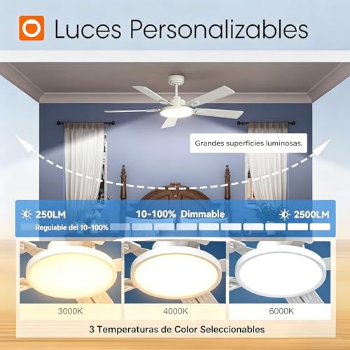 Ventilador de Techo con Luz LED, 52" Abanicos de Techo de 132 cm, Control Remoto, 6 Velocidades, Temporizador 1/4/8H para Recámara, Sala y Estudio, Blanco