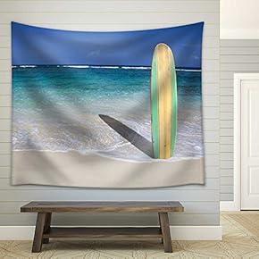 Vintage Surfboard on The Beach - Fabric Wall Tapestry Home Decor - 51x60 inches
