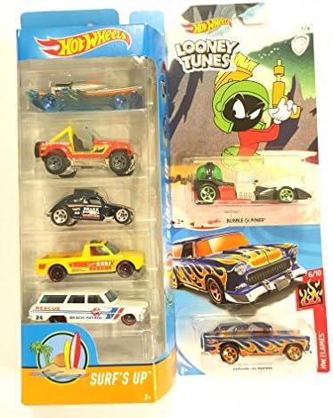 Hot Wheels 2018 Surf's Up 5-Pack &amp; Bonus: Hot Wheels Looney Tunes #7 Marvin The Martian (Bubble Gunner) &amp; Hot Wheels 55 Classic Nomad