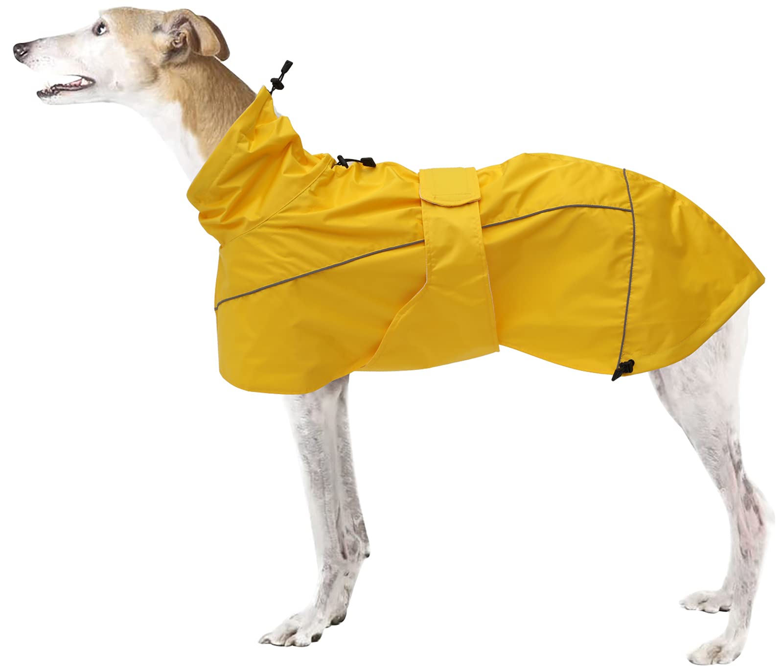 Greyhound Lurcher Raincoat, Whippet Rain Gear with Reflective Bar, Rain/Waterproof, Adjustable Bands and drawstring in Autumn and winter - Yellow - XL