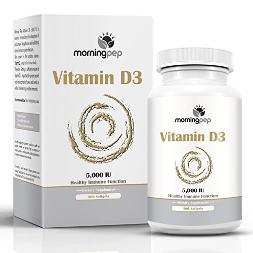 Vitamin D3 5000 iu 360 Count High Potency Mini Softgels in Cold-Pressed Organic Extra Virgin Olive Oil for Better Absorption By Morning Pep Non-GMO Made in USA, Supports Bone Muscle And Immune System