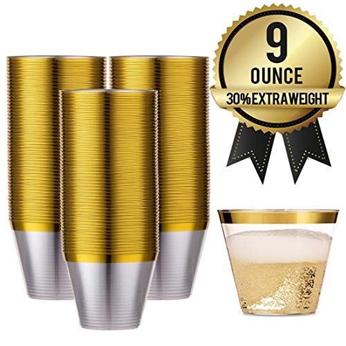 100 Gold Rimmed Reusable Plastic Cups - Thick, Durable 9 oz. Disposable Champagne Glasses - Plastic Gold Cocktail Wine Rim Cup For Bachelorette | Holiday | Party | Birthday | Wedding | More by Amedy