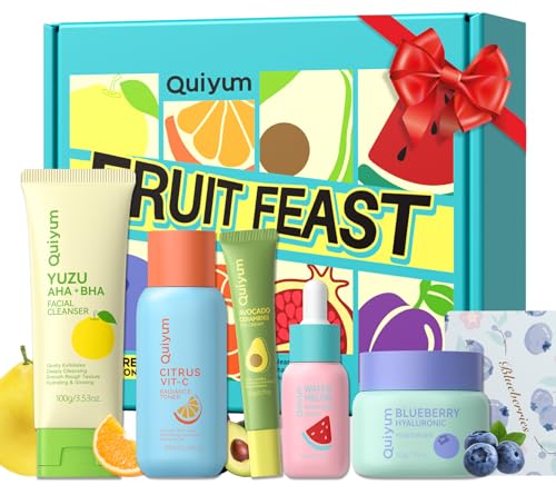 QUIYUM Fruit Skin Care Gift Set, 5 Piece Face Moisturizing Skincare Kit, Beauty Routine for Women and Teens, Intense Hydration, Natural Glow