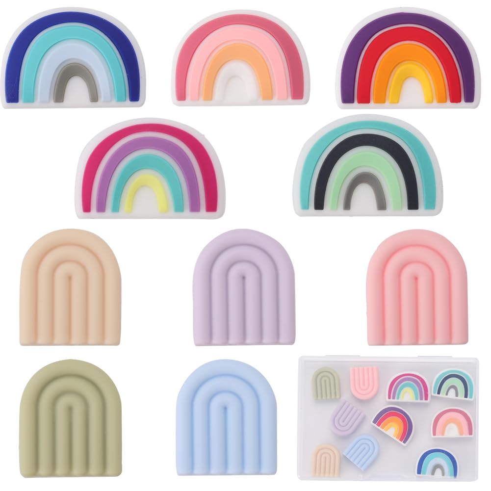 SUNNYCLUE 1 Box 20Pcs Silicone Focal Beads Rainbow Colorful Chunky Beads Bulk Double Sided Pink Purple Rainbow Shaped Flat Charms Large Rubber Beads for Lanyards Keychain Making Beading Supplies