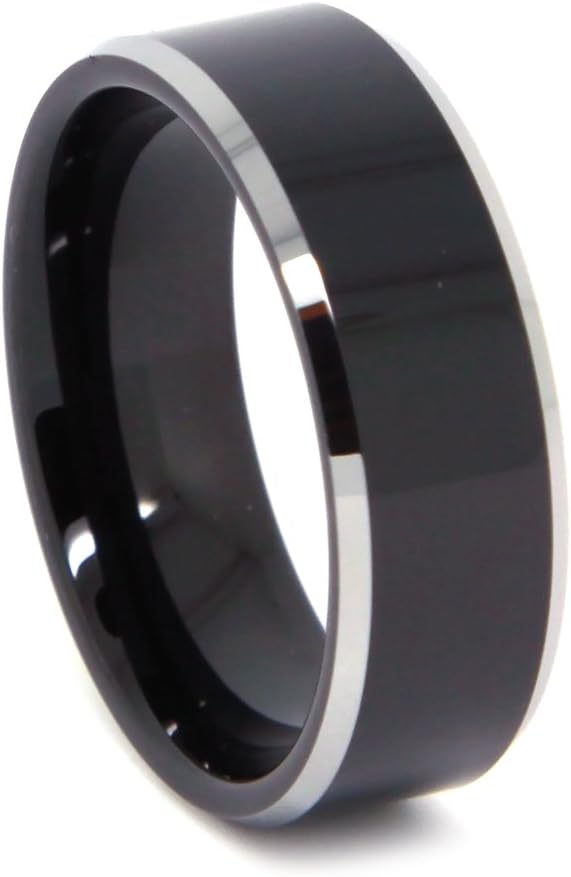 Black Tungsten Wedding Band, Classy Tungsten Carbide Ring for Men, High End, Sleek, High Polish Finish, Bevel Edge, 8mm