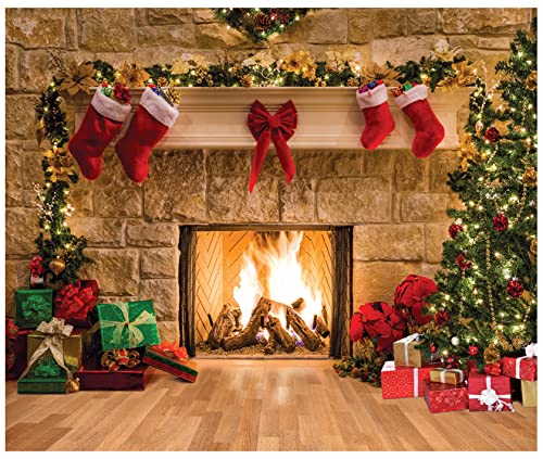 AIIKES 15x10FT Merry Christmas Backdrop Tree Sock Gift Family Party Decorations Backdrops Happy New Year Xmas Fireplace Theme Photography Background Pictures Banner Studio Decor Booth Props 11-209