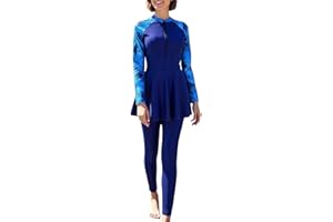 Womens Bathing Suit Muslim Swimsuit Long Sleeve and Pant 2 Piece Swimsuit Set Full Coverage Ruffled Swimwear with Zip